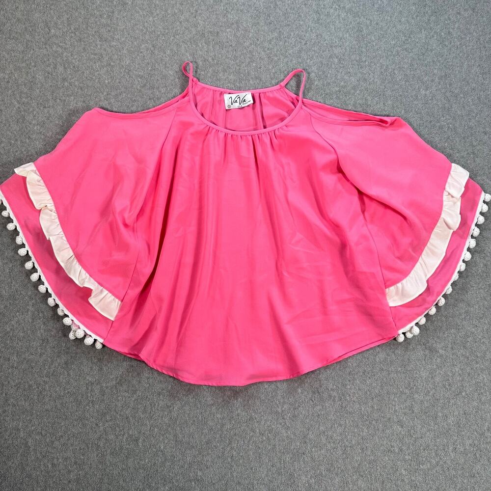 VaVa by Joy Han Cold Shoulder Ruffle Shirt Women Small Pink Spaghetti Strap Top